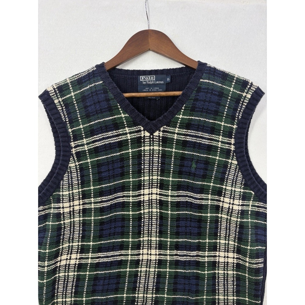 VTG Polo Ralph Lauren Knit Sweater Vest Plaid‎ Pony Academia Green Navy Prep XL - Picture 2 of 9
